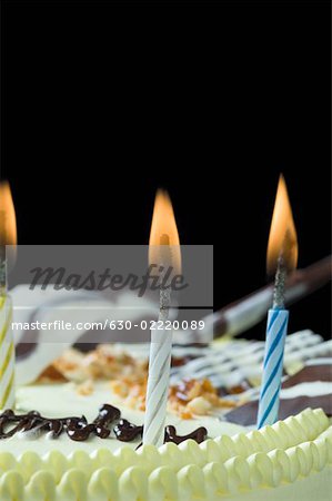 Close-up of lit candles on a birthday cake