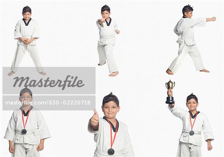 Multiple images of a boy in judo uniform