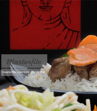 Close-up of meat with white rice in a bowl