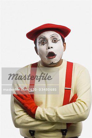 Close-up of a mime looking shocked