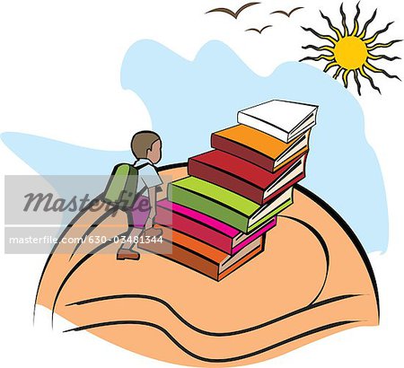 Boy climbing up steps formed with stack of books