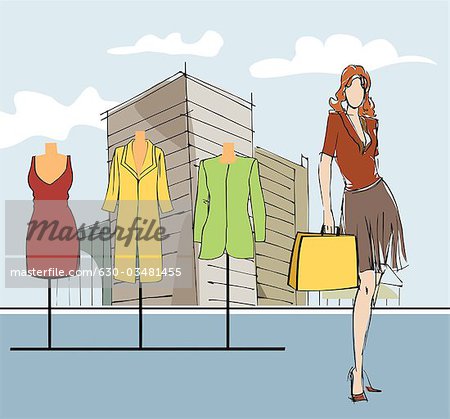 Woman standing outside a clothing store with shopping bag