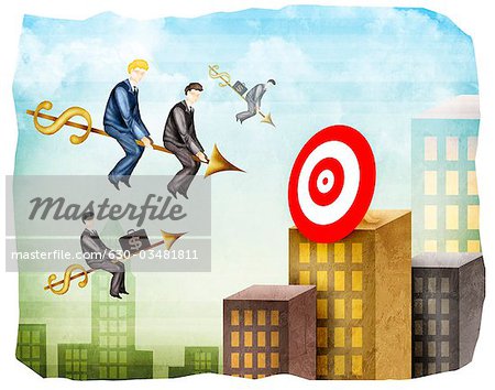 Sales executives reaching towards a target on arrows