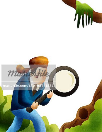 Man on a job hunt with a magnifying glass