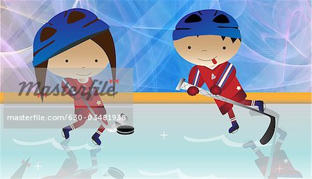 Boy and a girl playing ice hockey