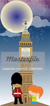 Girl standing with an honor guard in front of a clock tower, Big Ben, Houses Of Parliament, City Of Westminster, London, England Girl standing with an honor guard in front of a clock tower, Big Ben, Houses Of Parliament, City Of Westminster, London, England
