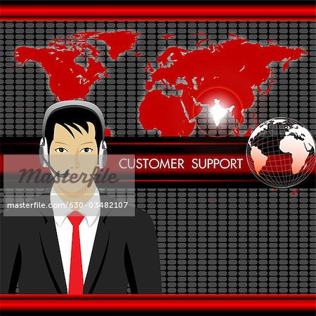 Male customer service representative with India highlighted in the map