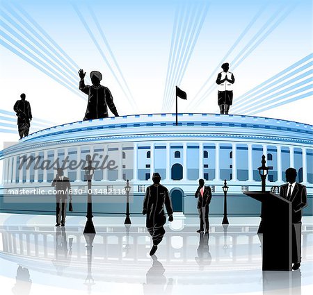 Political leaders around a government building, Sansad Bhawan, New Delhi, India