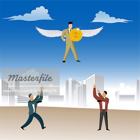 Business angel flying with a coin with other catching him