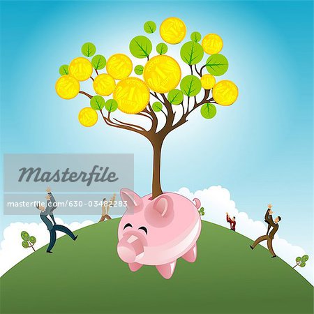 Businessmen waiting for the fall of coin from money tree coming out from a  piggy bank - Stock Photo - Masterfile - Premium Royalty-Free, Code:  630-03482283