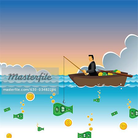 Man sitting in a boat and catching money by a fishing rod