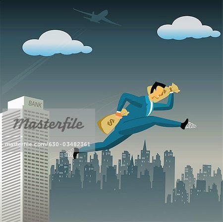 Businessman flying high with money bags