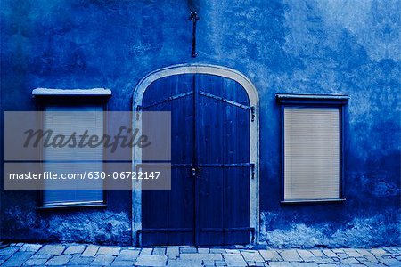 Facade of a blue building, Cesky Krumlov, South Bohemian Region, Czech Republic