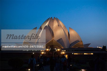 Temple lit up at night, Lotus Temple, New Delhi, India