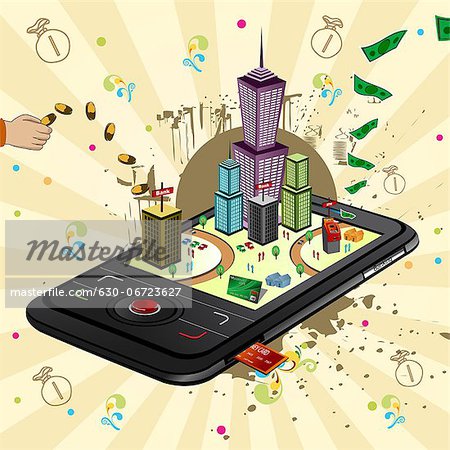 Illustrative representation showing the use of a mobile phone for banking