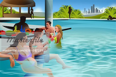 Couples enjoying drinks in a swimming pool