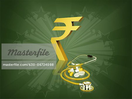Indian rupee symbol with stethoscope and pills