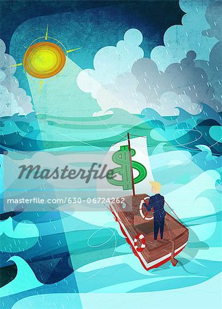 Businessman guiding a boat towards the shining sun during a rainstorm
