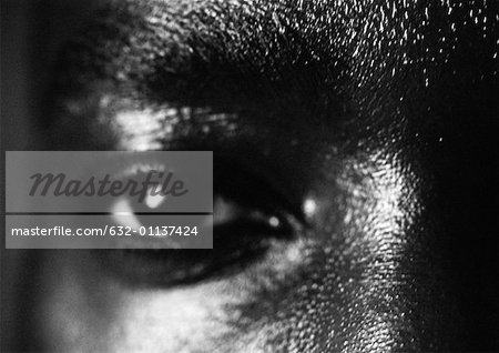 Man's eye, close up, black and white.