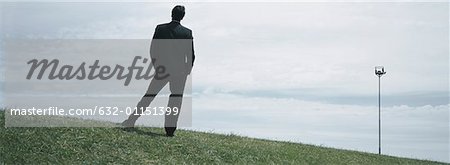 Man in suit standing on grass, full length rear view