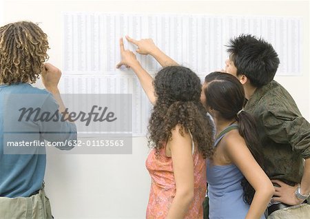 Students looking and pointing at results posted on wall, rear view