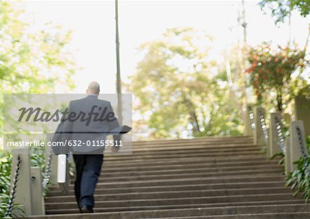 Businessman walking up stairs, rear view