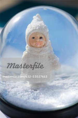 Snow globe, figurine of little girl wearing winter coat and hat looking out