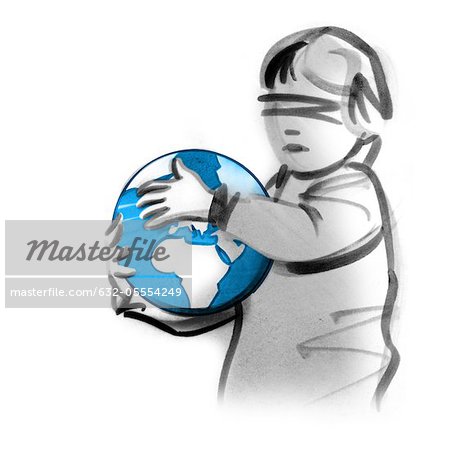 Blindfolded child holding globe