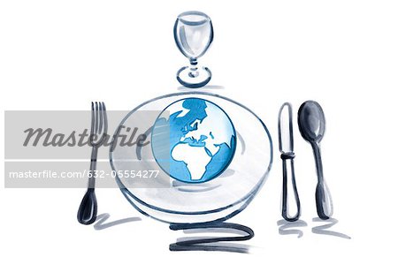 Place setting and globe on plate