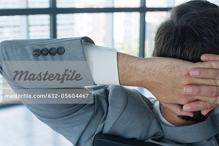 Businessman with hands behind head, rear view