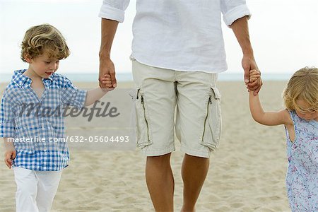 Father and children walking hand in hand on beach, cropped