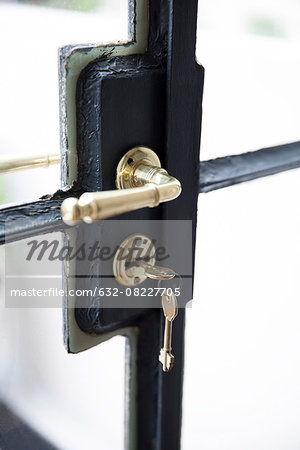 Key in door lock, close-up