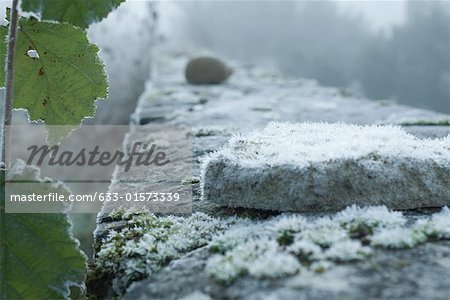 Frost covered stone wall