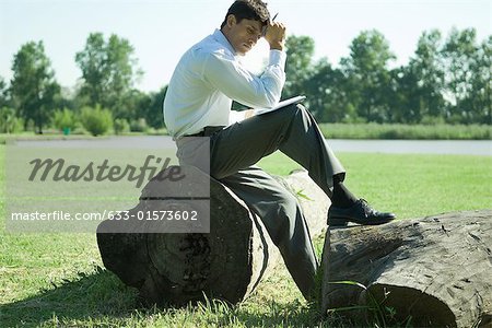 Businessman sitting on tree trunk, working