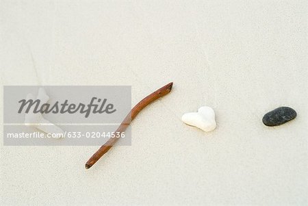 Coral, pebble, and stick lined up on the beach, close-up