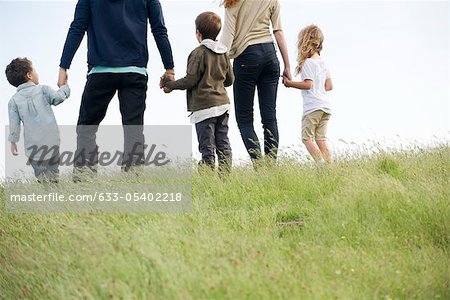 Family walking together in field, rear view