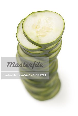 High angle view of stacked slices of cucumber (Cucumis sativus)