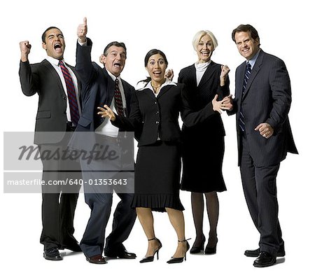 Group of five excited businesspeople