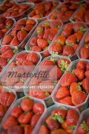 High angle view of red ripe strawberries for sale