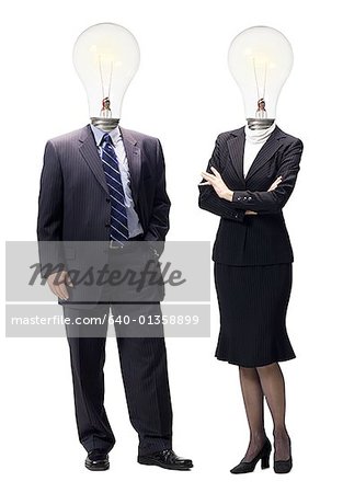 Man and woman in business attire with light bulbs instead of heads
