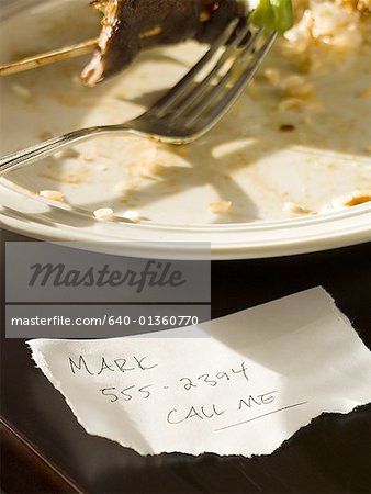 Close-up of a fork in a plate with a handwritten paper note