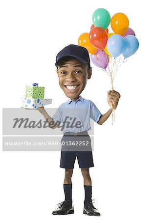 Portrait of a young man holding gifts and balloons