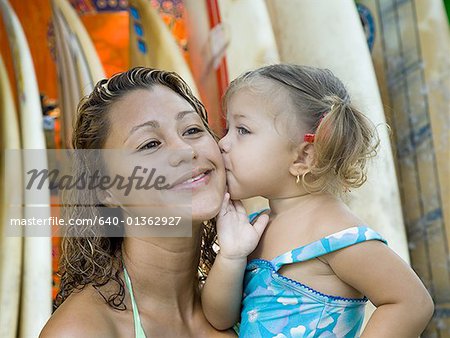 Close-up of a baby girl kissing her mother