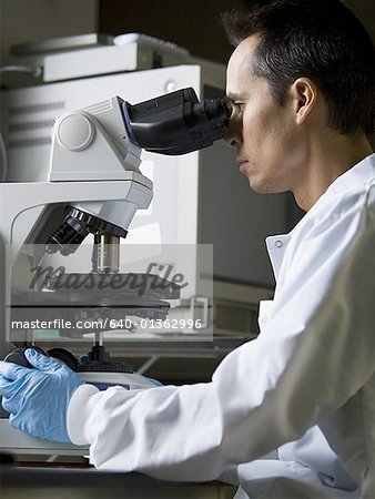 Male laboratory technician looking in microscope