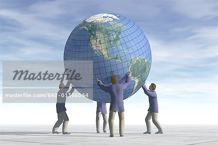 Four men in suits holding up a globe