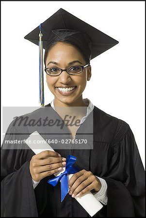 Woman in graduation gown and Blank Sign with diploma