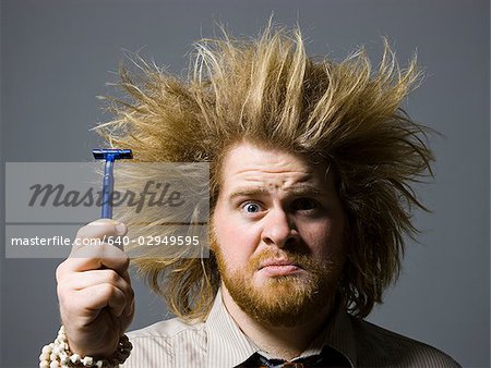 Long Hair Freak Crazy Man Hold Scissors Trimmer Guy Want Stock Photo by  ©gum92 370575678