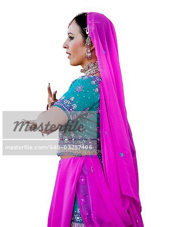 USA, Utah, Spanish Fork, Studio shot of mid adult woman in traditional indian clothing