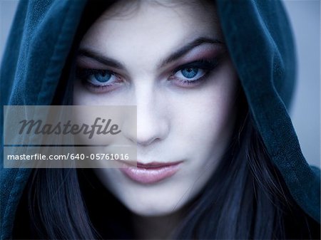 USA, Utah, Cedar Hills, Portrait of female teenage vampire (16-17) wearing hood