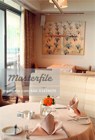 Table setting in hotel dining room